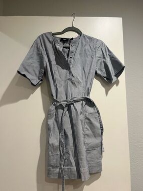 Theory Striped Short Sleeve Tie-Waist Dress - Gray/White